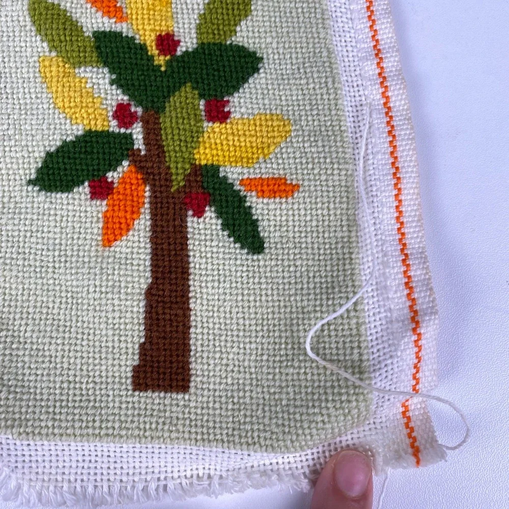 Vintage Handmade Needlepoint Fruit Tree Textile Art Sage Green 6.5x8.5 Folk Art